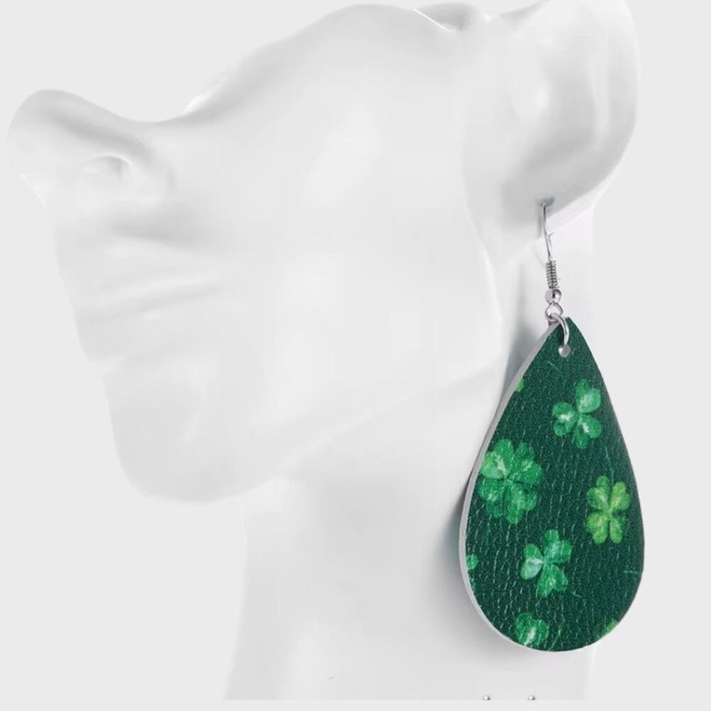 St. Patrick's Day Clover and Green Faux Leather Tear Drop Earrings